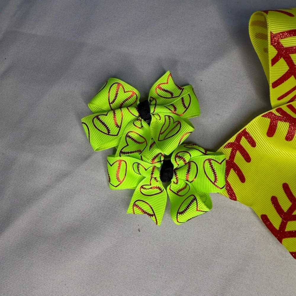 Softball Hair Bow Set Large Yellow Cheer Bow and 2 Green Heart Pigtail Clips